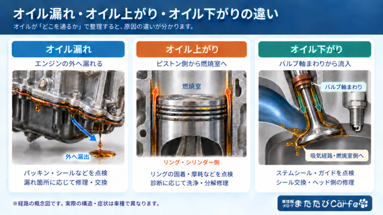 エンジン外部へのオイル漏れ、ピストンリング側から燃焼室へ入るオイル上がり、バルブ軸まわりから流入するオイル下がりを、3D風の断面イラストと矢印で比較した概念図