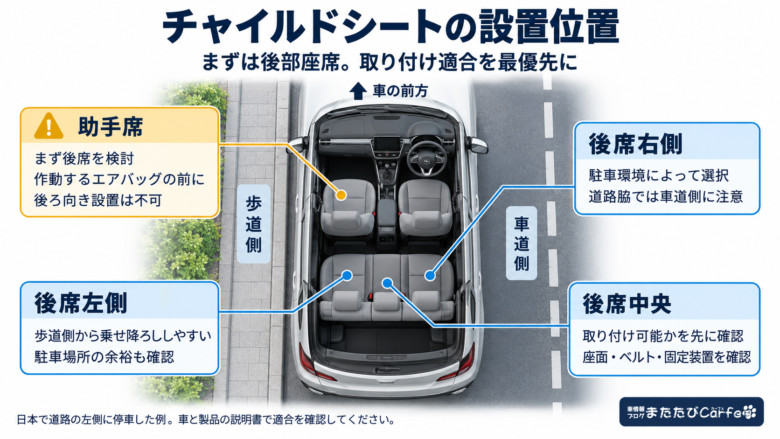 右ハンドル車を上から見た図。後席左側は歩道側、右側は車道側となる例と、後席中央・助手席への設置の注意点。