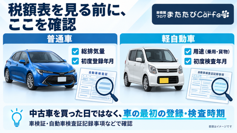 普通車は総排気量と初度登録年月、軽自動車は用途と初度検査年月を確認。中古車の購入日とは異なることを示した比較画像。