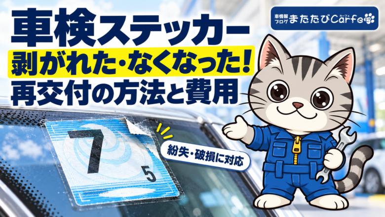 端が剥がれた車検ステッカーの拡大イメージと、再交付の方法・費用を案内するラチェットくん