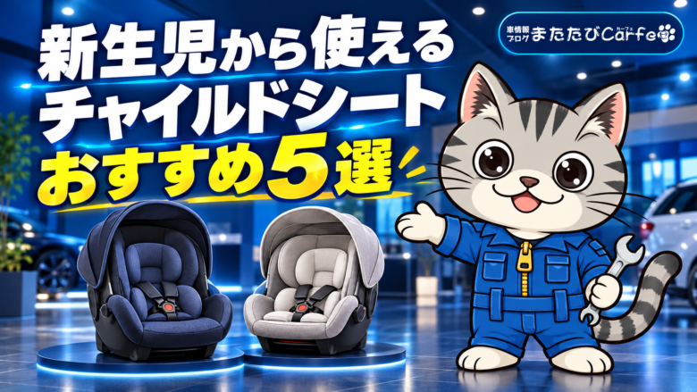 ネイビーとグレーのチャイルドシートを紹介するラチェットくんと、新生児から使えるおすすめ5選の見出し。