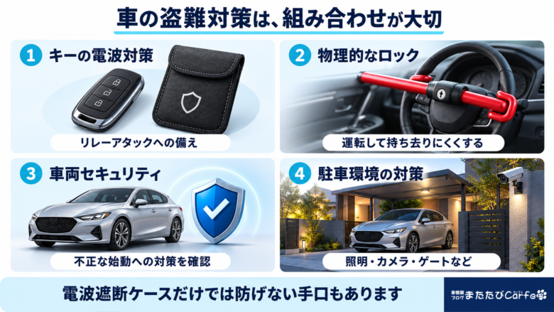 キーの電波対策、ハンドルロック、車両セキュリティ、駐車場の照明や防犯カメラを組み合わせる盗難対策のイラスト