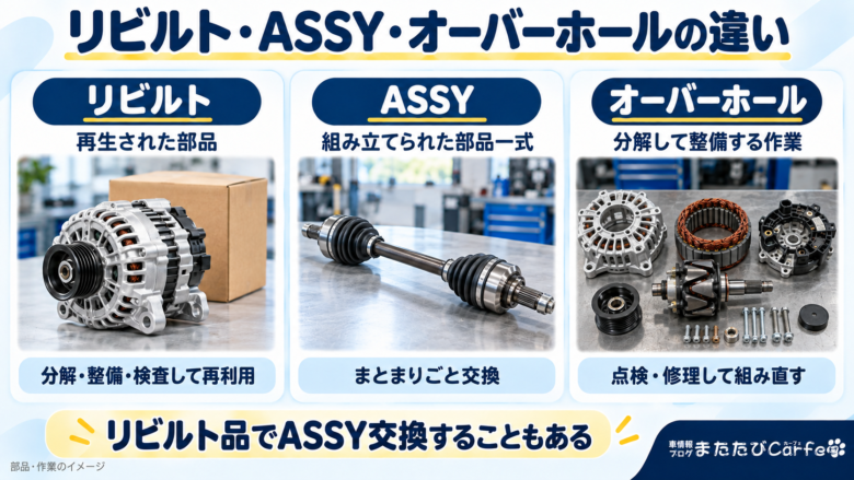 再生されたオルタネーター、組み立て済みのドライブシャフト、分解したオルタネーターを並べ、リビルト・ASSY・オーバーホールの違いを説明した画像