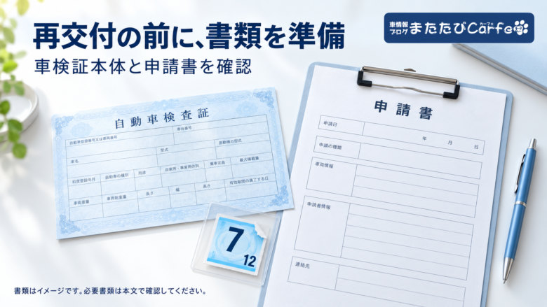 車検証、申請書、破損した車検ステッカーを机に並べた準備イメージ