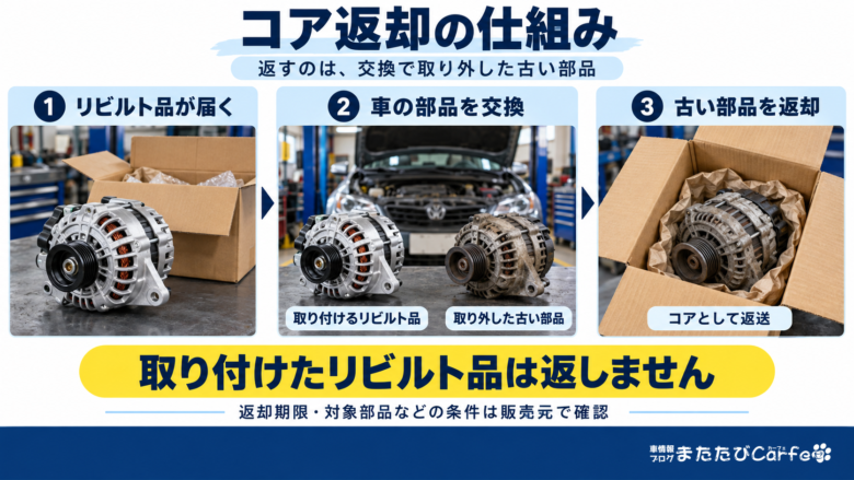 リビルト品を受け取り、車の部品を交換した後、取り外した古い部品をコアとして返却する流れ