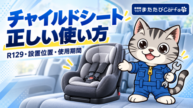 グレーのチャイルドシートを案内するラチェットくんと、正しい使い方・R129・設置位置・使用期間の見出し。