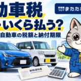 青い普通車と白い軽自動車、納税通知書と電卓を並べ、自動車税の納付時期と税額を案内するラチェットくん