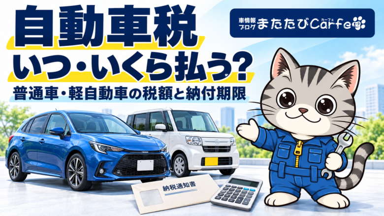 青い普通車と白い軽自動車、納税通知書と電卓を並べ、自動車税の納付時期と税額を案内するラチェットくん