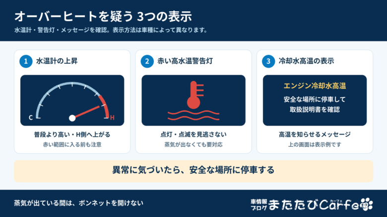 水温計のH側への上昇、赤い高水温警告灯、冷却水高温の警告メッセージを示した図