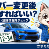 青い車とナンバープレート、ETC車載器、保険書類を紹介するラチェットくん
