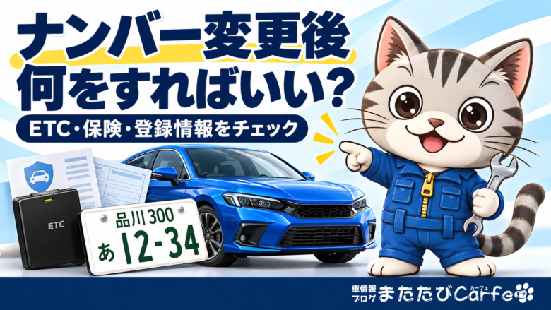青い車とナンバープレート、ETC車載器、保険書類を紹介するラチェットくん