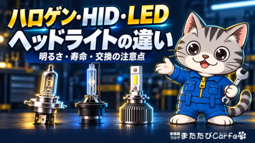 ハロゲン・HID・LEDのヘッドライト用バルブと、違いを案内するラチェットくん