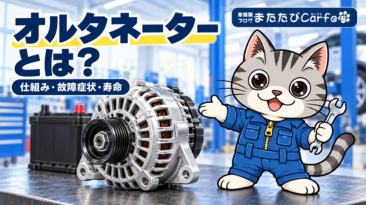 オルタネーターとバッテリーを、整備士ネコのラチェットくんが紹介するイラスト